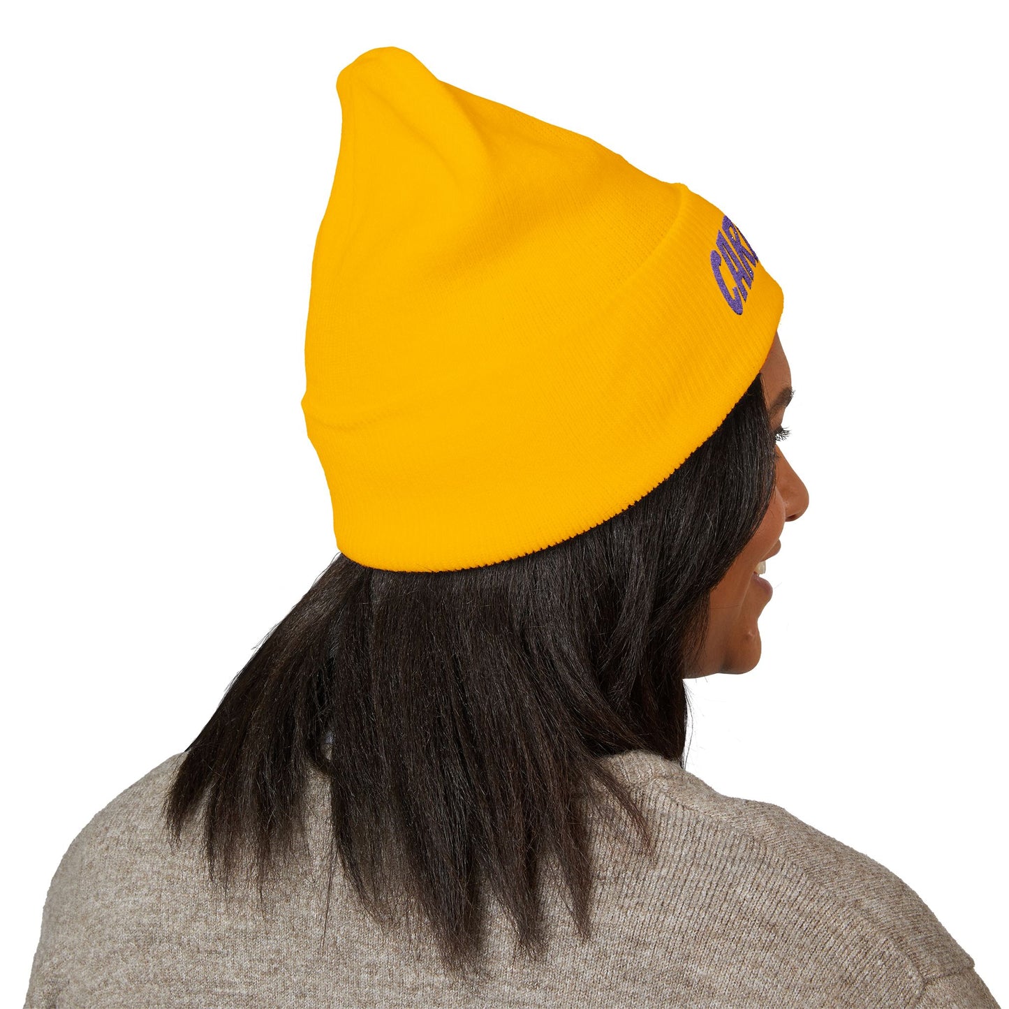 Caregiver Embroidered Cuffed Beanie — Warm Knit Hat w/Purple Stitching