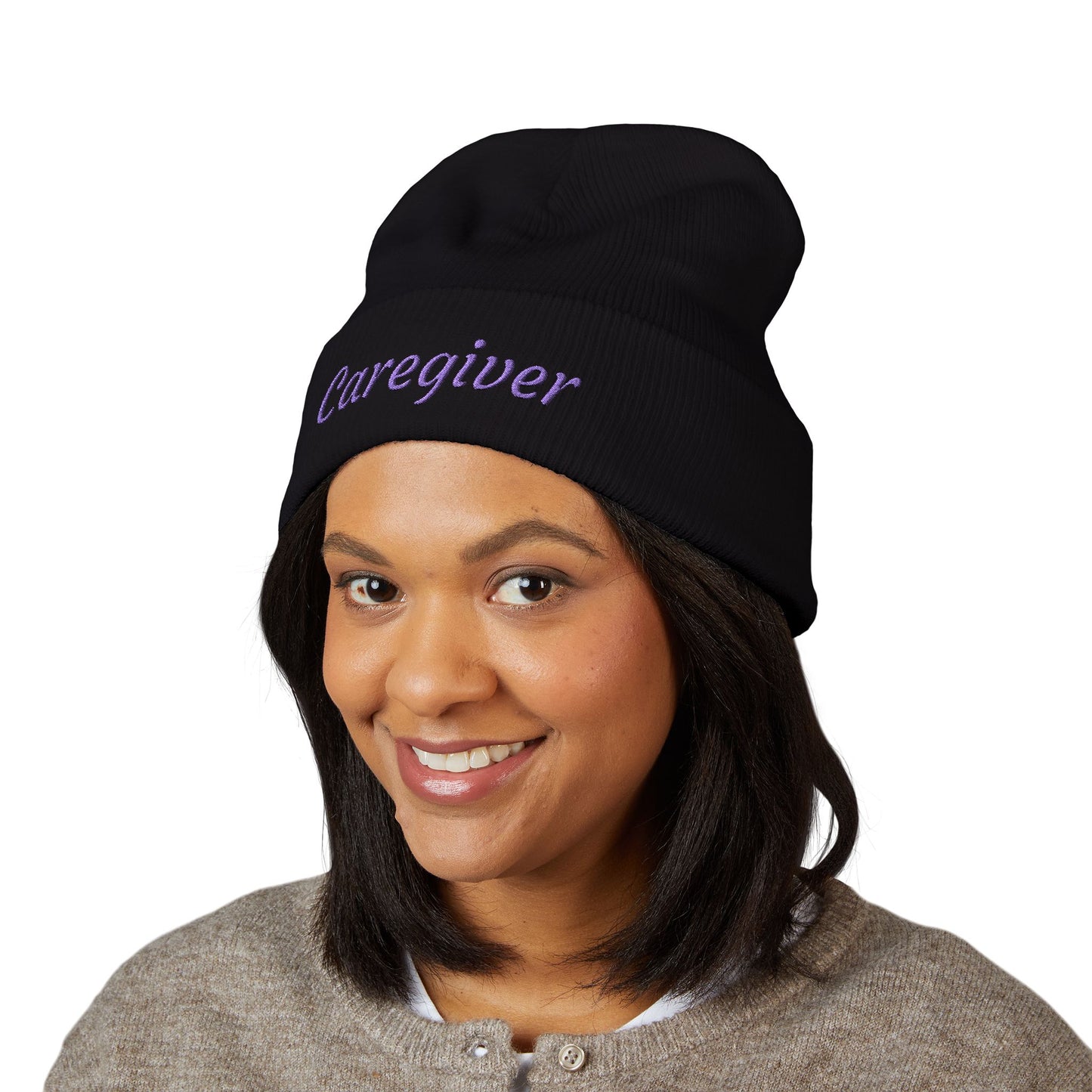 Caregiver Pride Embroidered Beanie — Cozy Caregiver Hat w/Purple Stitching