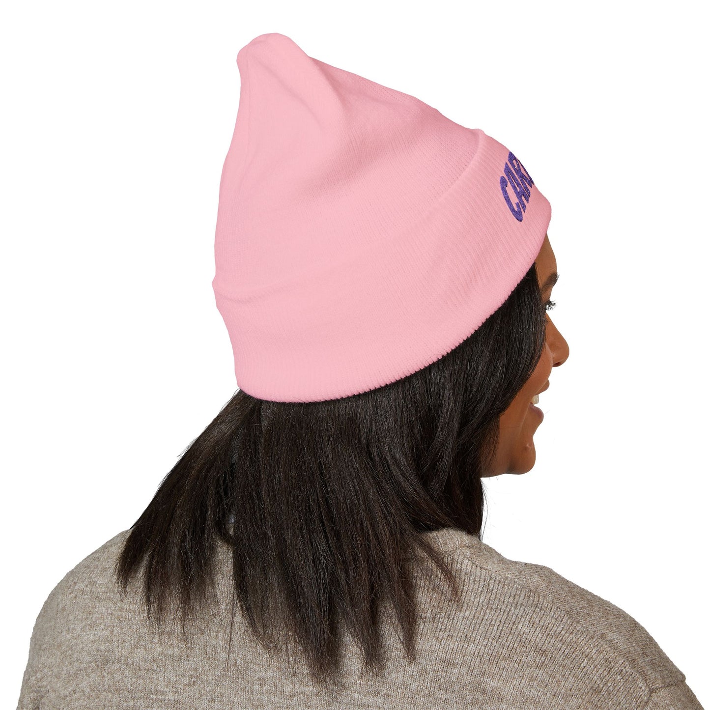 Caregiver Embroidered Cuffed Beanie — Warm Knit Hat w/Purple Stitching