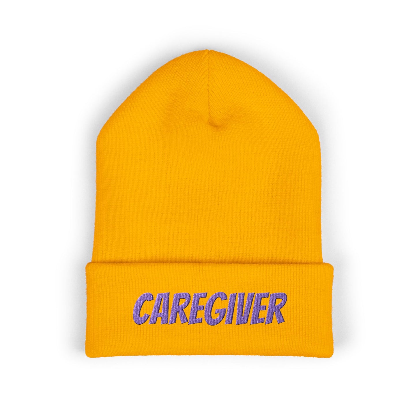 Caregiver Embroidered Cuffed Beanie — Warm Knit Hat w/Purple Stitching