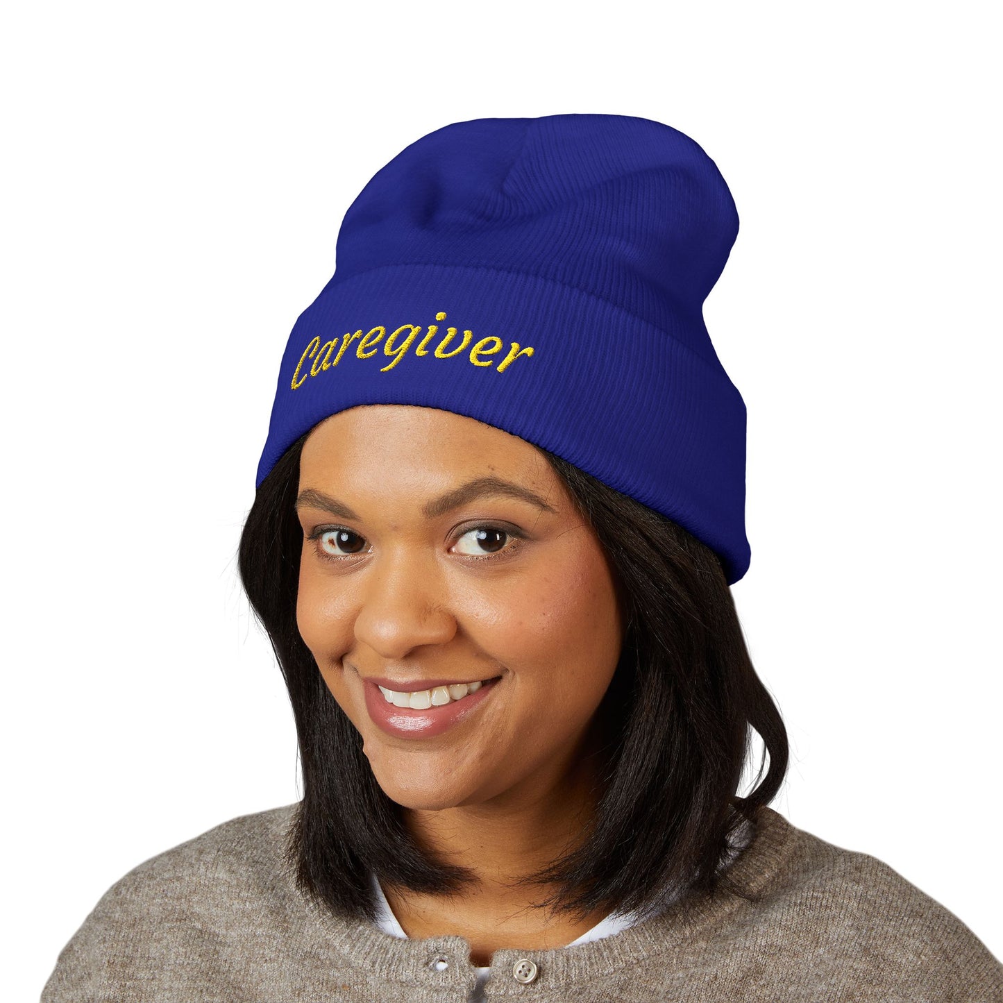 Caregiver Embroidered Beanie — Classic Cuffed w/Gold Stitching