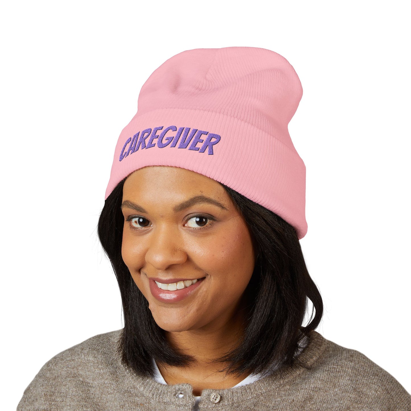 Caregiver Embroidered Cuffed Beanie — Warm Knit Hat w/Purple Stitching