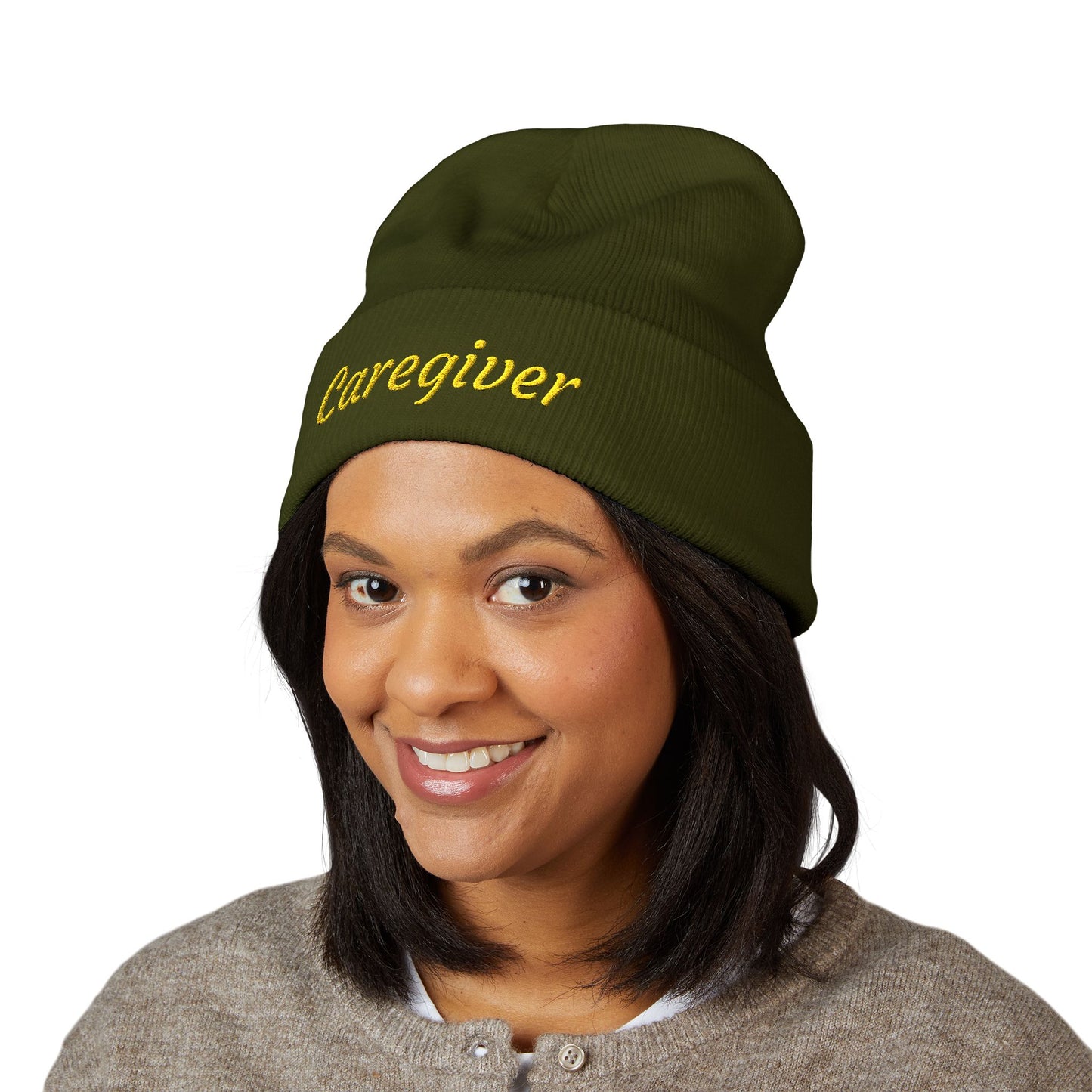 Caregiver Embroidered Beanie — Classic Cuffed w/Gold Stitching