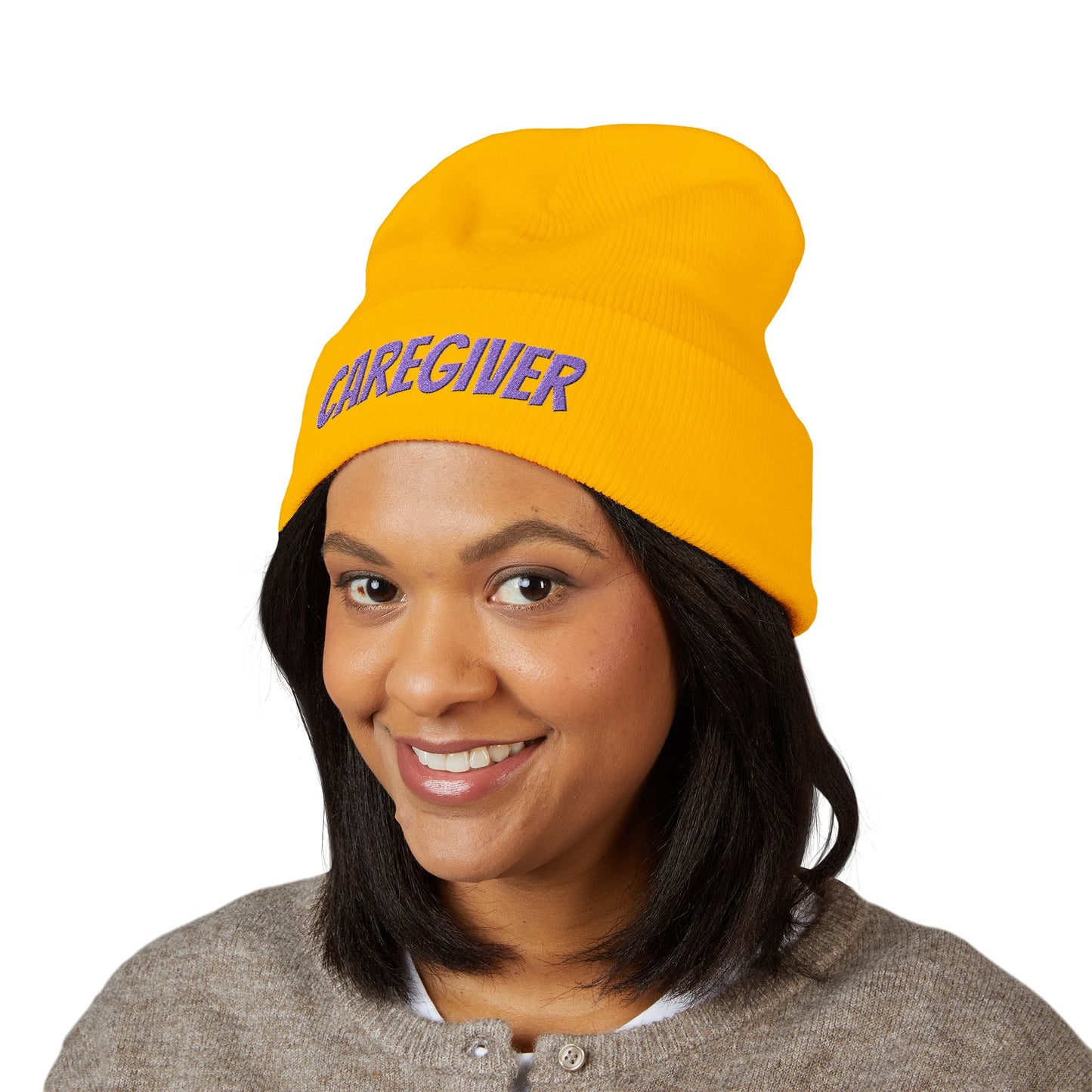 Caregiver Embroidered Cuffed Beanie — Warm Knit Hat w/Purple Stitching
