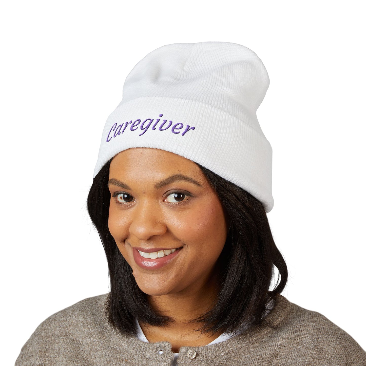 Caregiver Pride Embroidered Beanie — Cozy Caregiver Hat w/Purple Stitching