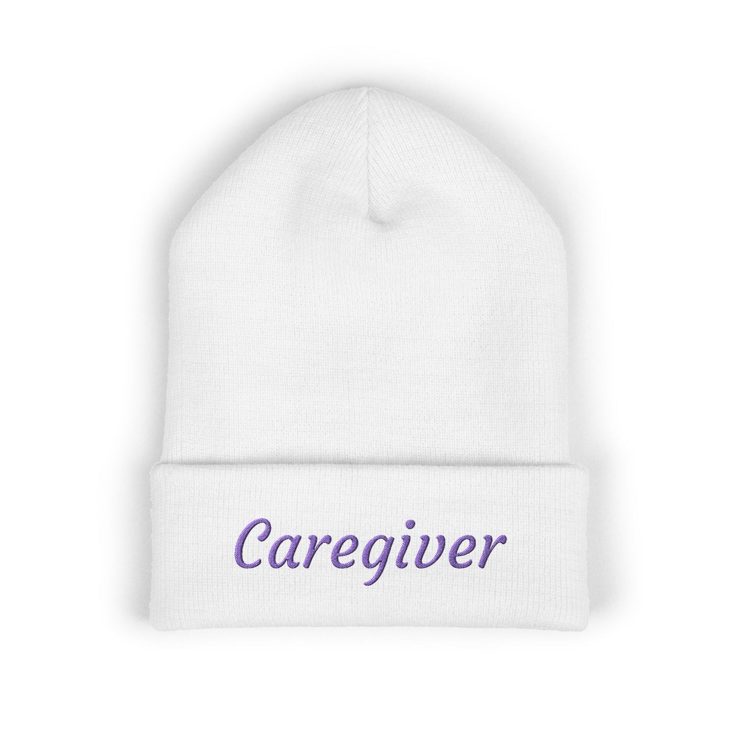 Caregiver Pride Embroidered Beanie — Cozy Caregiver Hat w/Purple Stitching