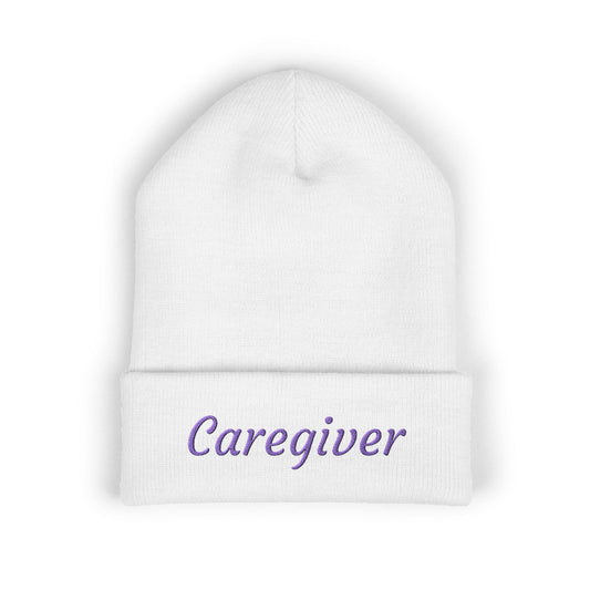Caregiver Pride Embroidered Beanie — Cozy Caregiver Hat w/Purple Stitching