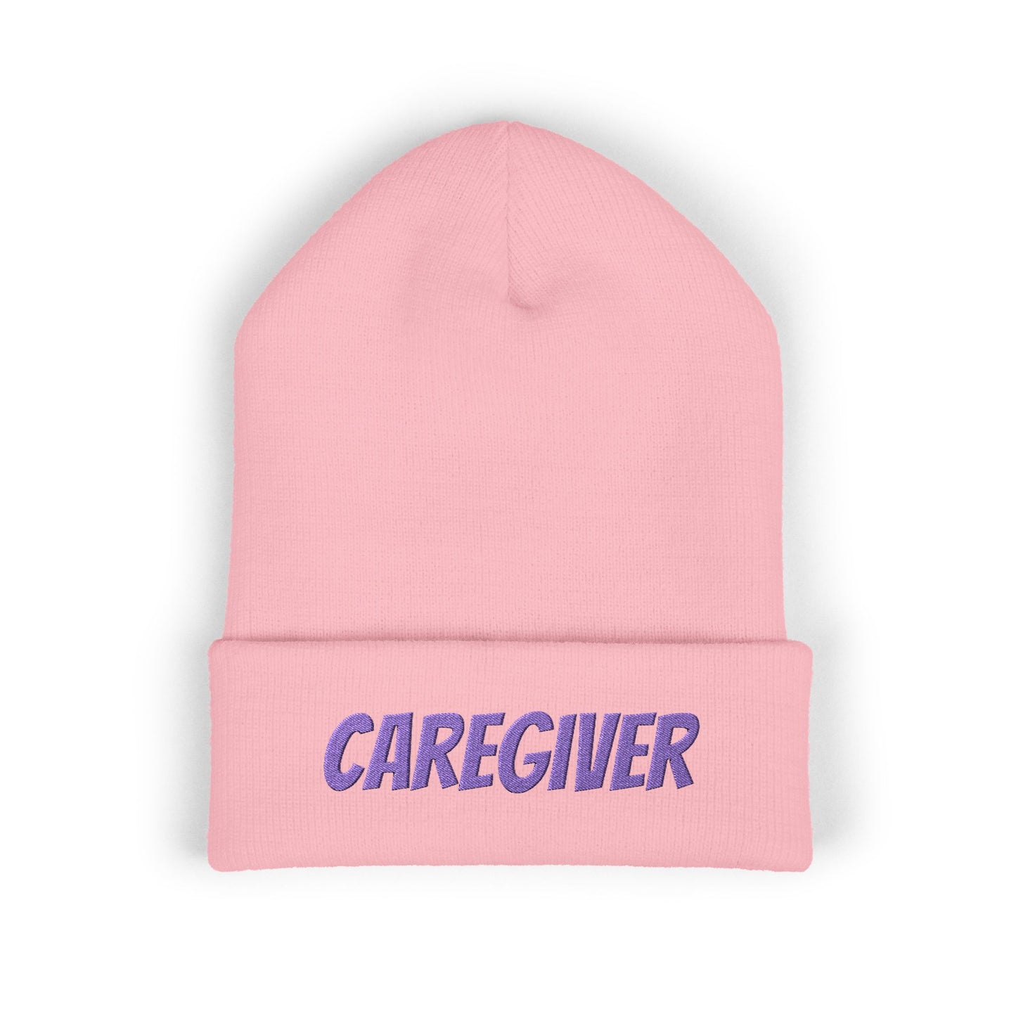 Caregiver Embroidered Cuffed Beanie — Warm Knit Hat w/Purple Stitching
