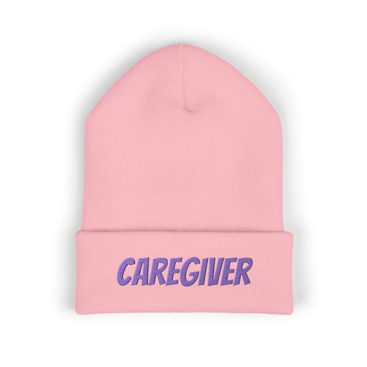 Caregiver Embroidered Cuffed Beanie — Warm Knit Hat w/Purple Stitching