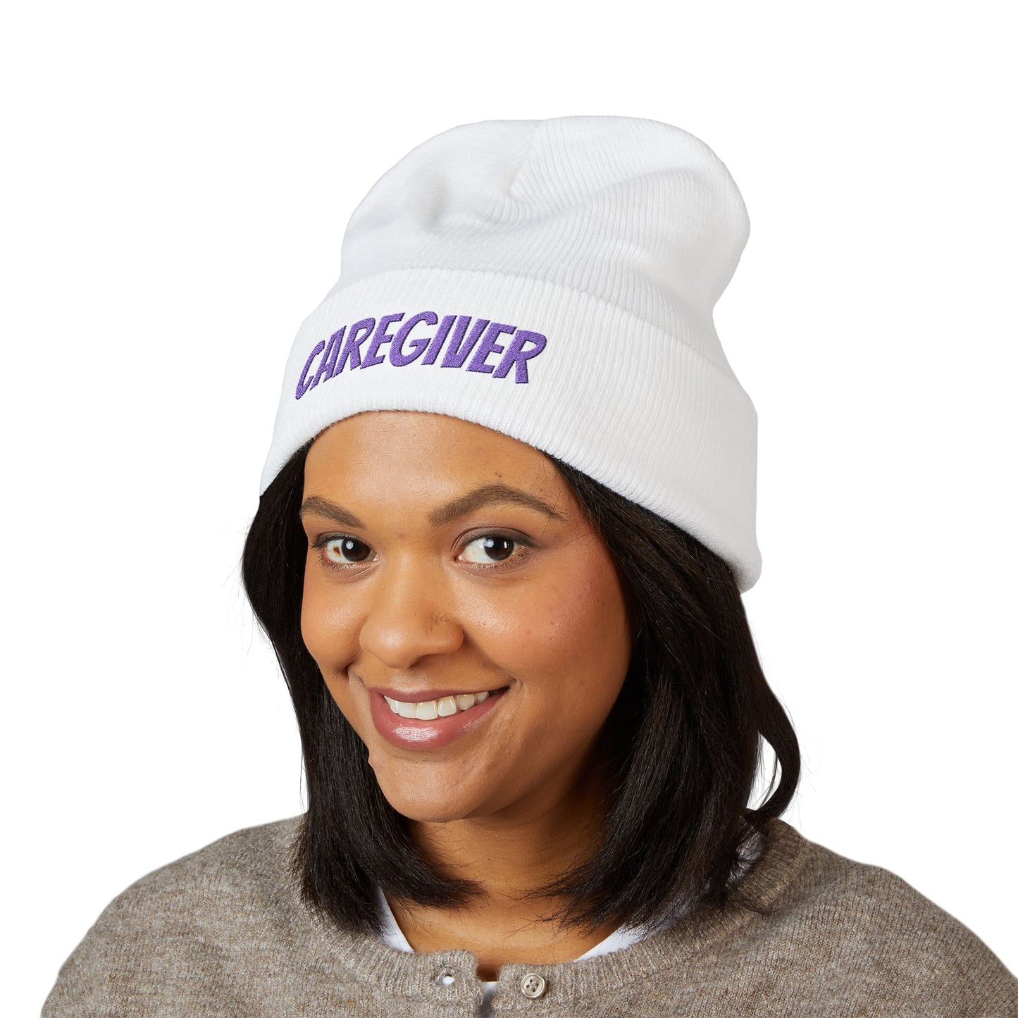 Caregiver Embroidered Cuffed Beanie — Warm Knit Hat w/Purple Stitching